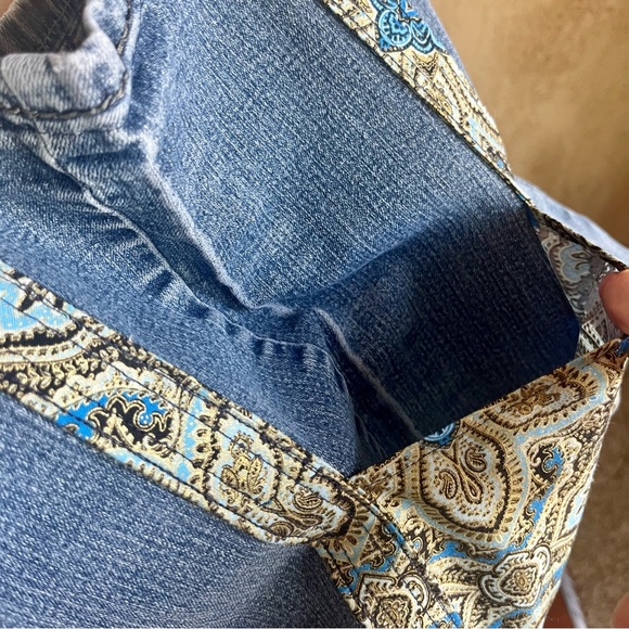 Upcycled Denim & fabric tote bag handmade Blue Metallic Symphony Medallion print - Picture 2 of 7